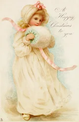Kerstkaart met een meisje met een mof